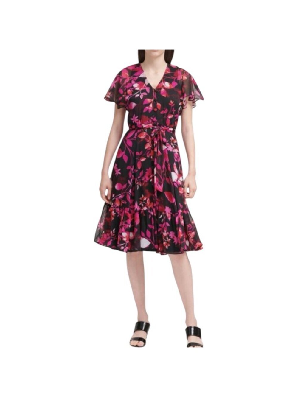 Calvin Klein Women's Floral Print Midi Dress With Flutter Sleeves & Belt, Size 8